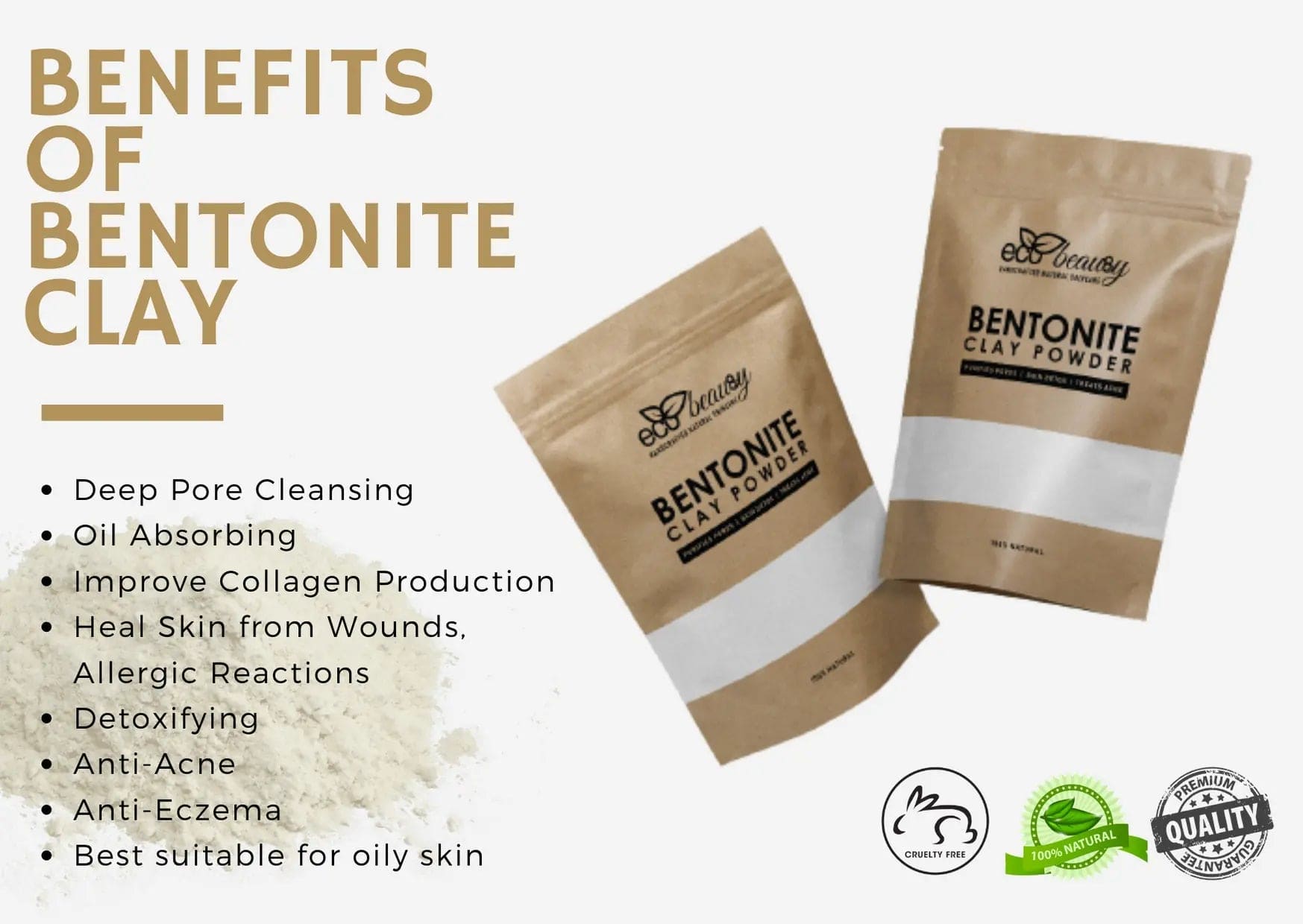 Calcium Bentonite Clay Powder Mask for Face | Indian healing clay - 100g ecobeau8y